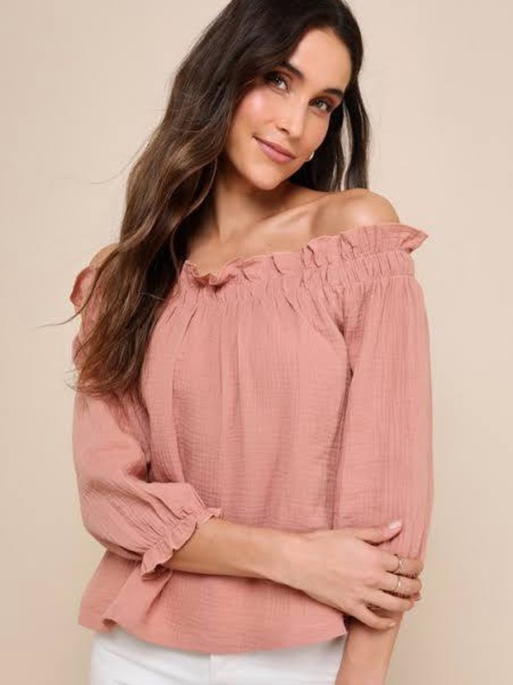 Lulu’s | Mauve Off-Shoulder Casual Gauzy Cotton Peasant Top - Summer Spring Fall